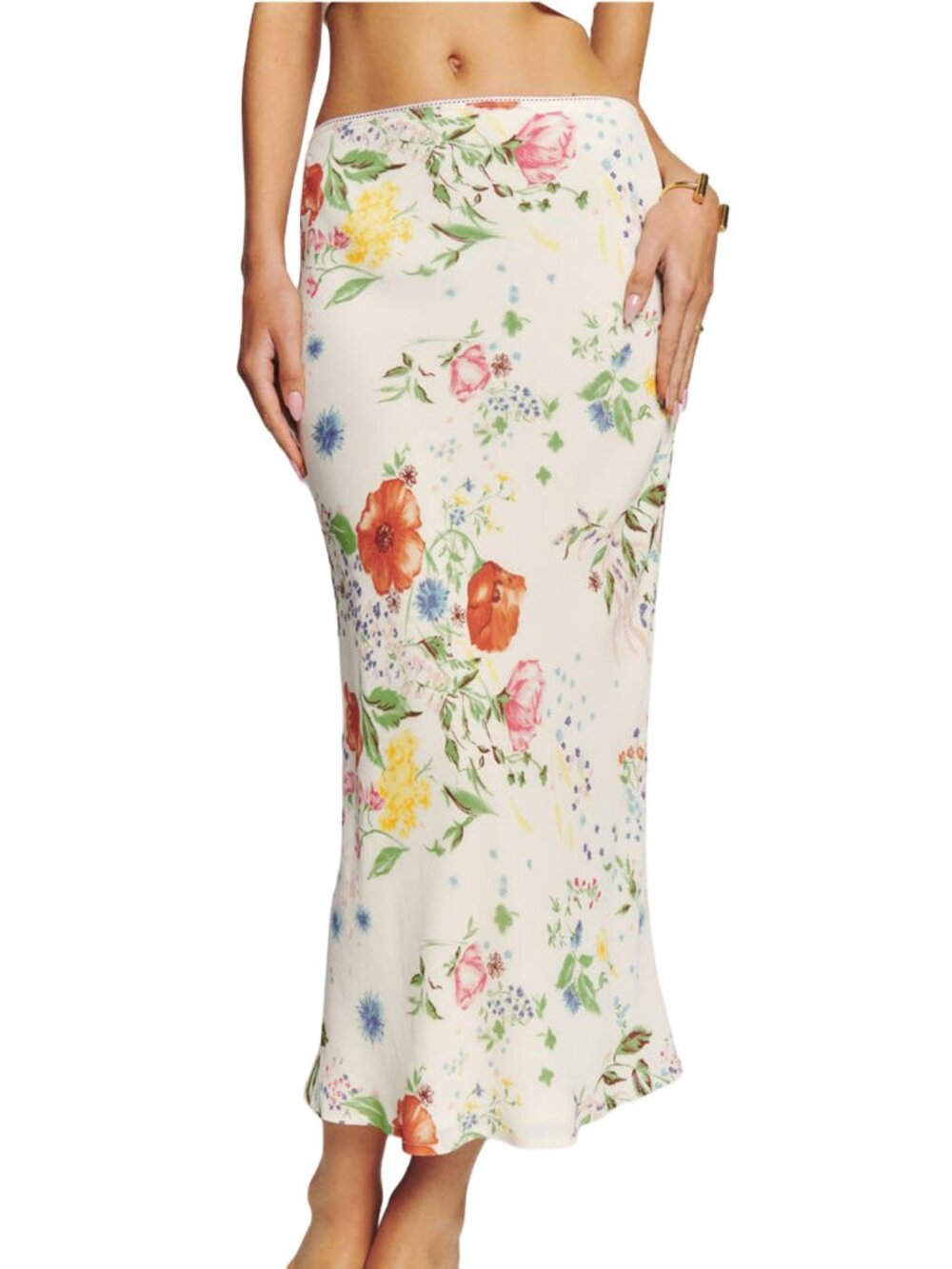 Reformation Layla Midi Skirt Etude | Ivory Wildflower Midi Slip Elastic Waist 8